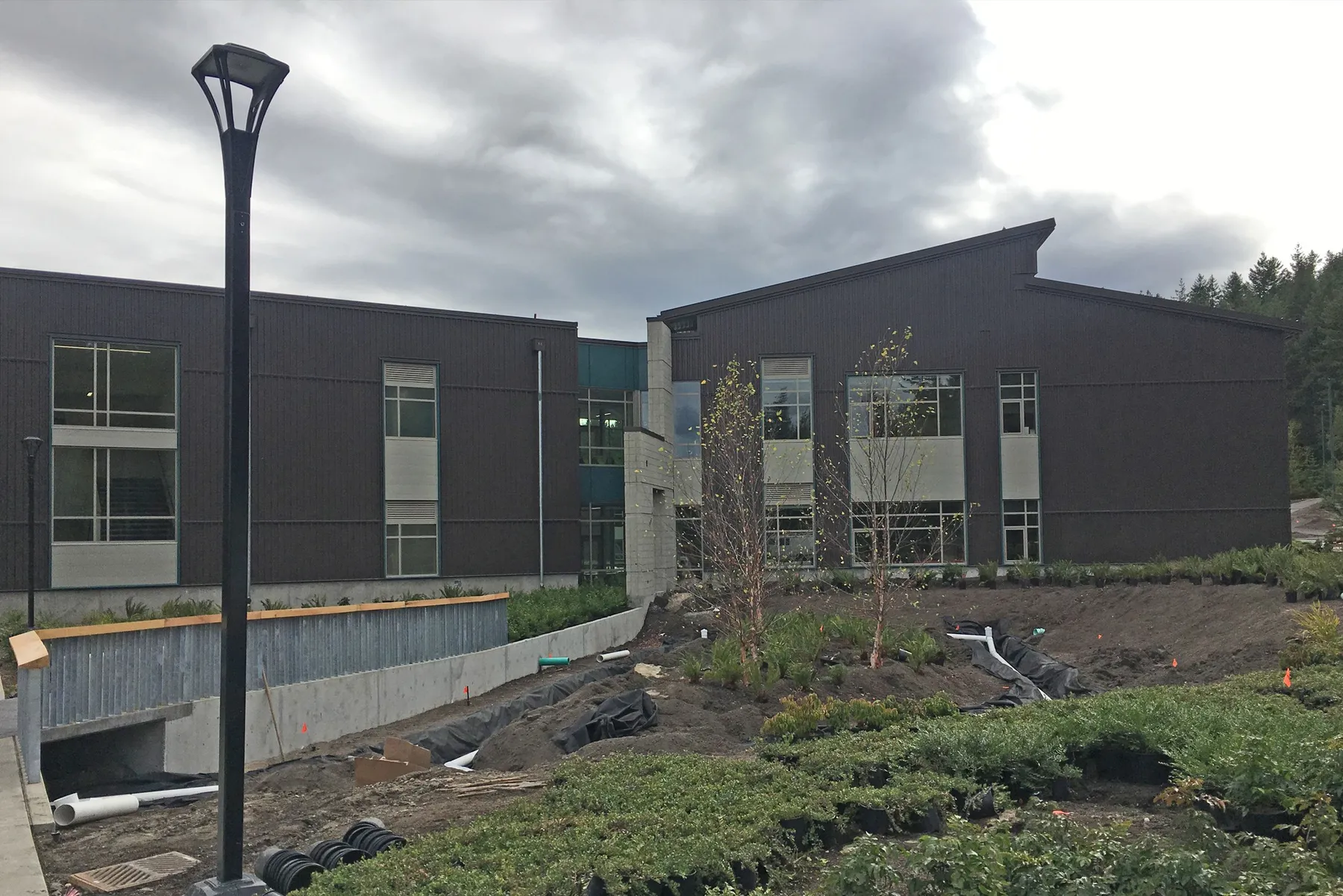 Exterior of Klahowya secondary school with new landscaping in Silverdale