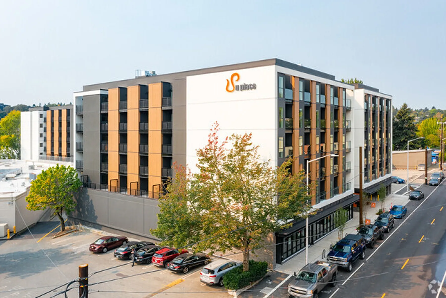 Aerial view of the UPlace mixed-use building in Seattle’s University District